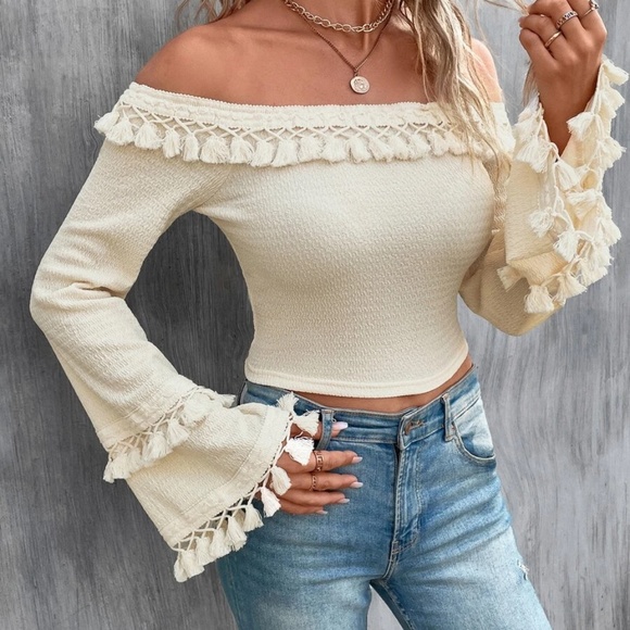 Boho Off Shoulder Tassel Detail Cropped Top - Picture 6 of 11